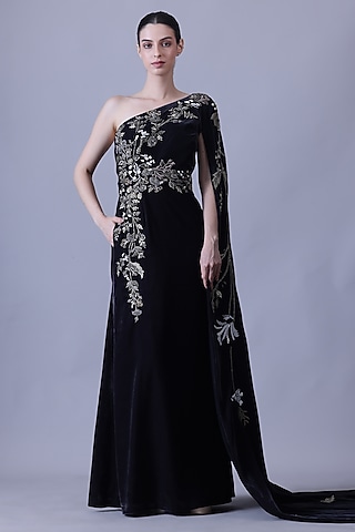 Black Velvet Embroidered One-Shoulder Gown by Samant Chauhan
