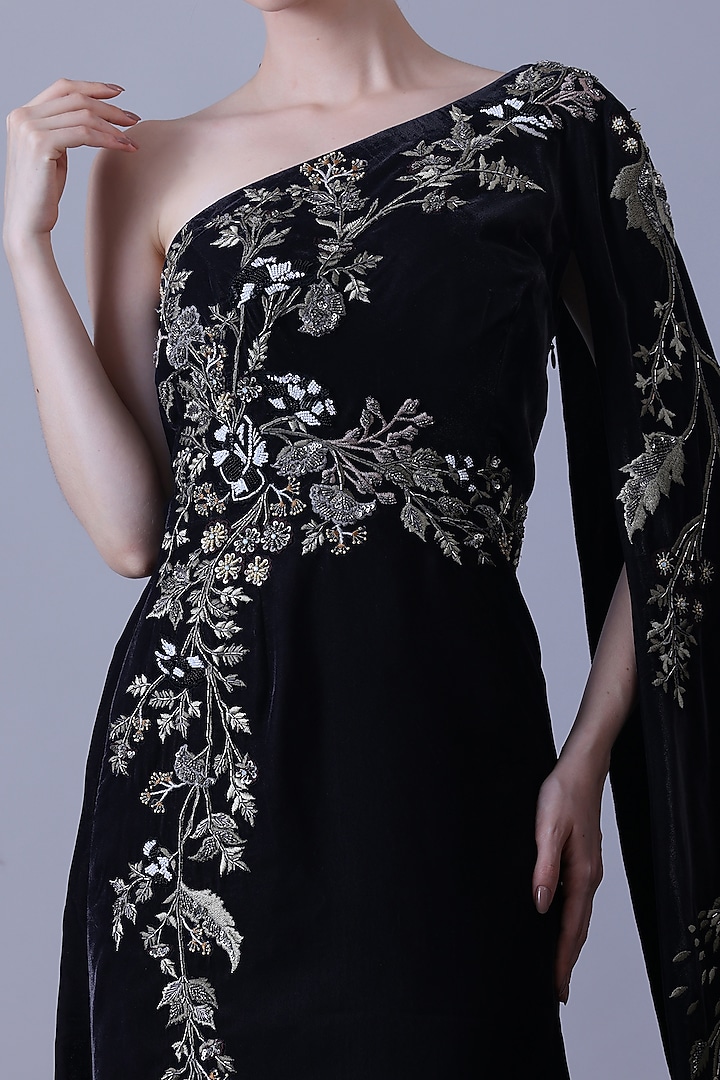 Black Velvet Embroidered One-Shoulder Wedding Gown by Samant Chauhan at Pernia's Pop Up Shop