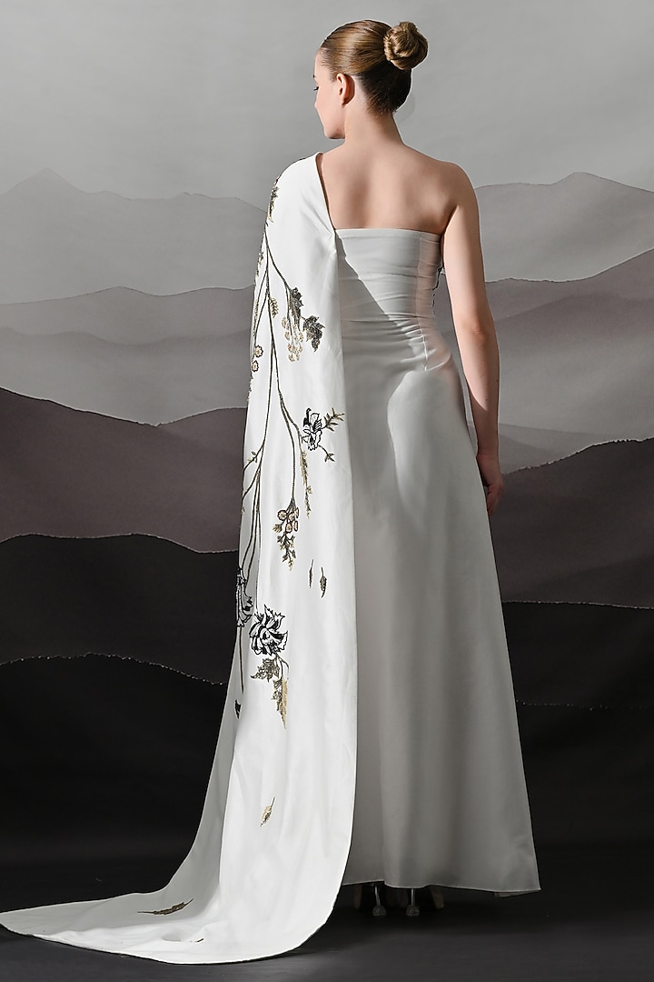 Ivory Cotton Silk Embroidered One-Shoulder Wedding Gown by Samant Chauhan at Pernia's Pop Up Shop