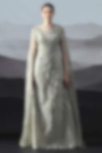 Grey Linen Floral Hand Embroidered Wedding Gown by Samant Chauhan at Pernia's Pop Up Shop