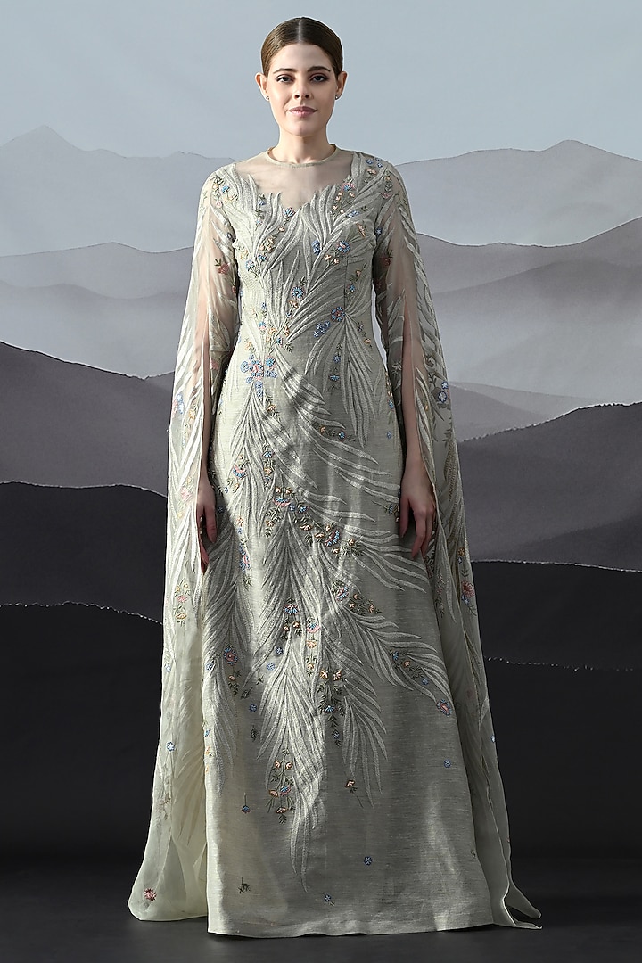 Grey Linen Floral Hand Embroidered Wedding Gown by Samant Chauhan at Pernia's Pop Up Shop
