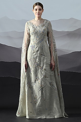 Grey Linen Floral Hand Embroidered Gown by Samant Chauhan