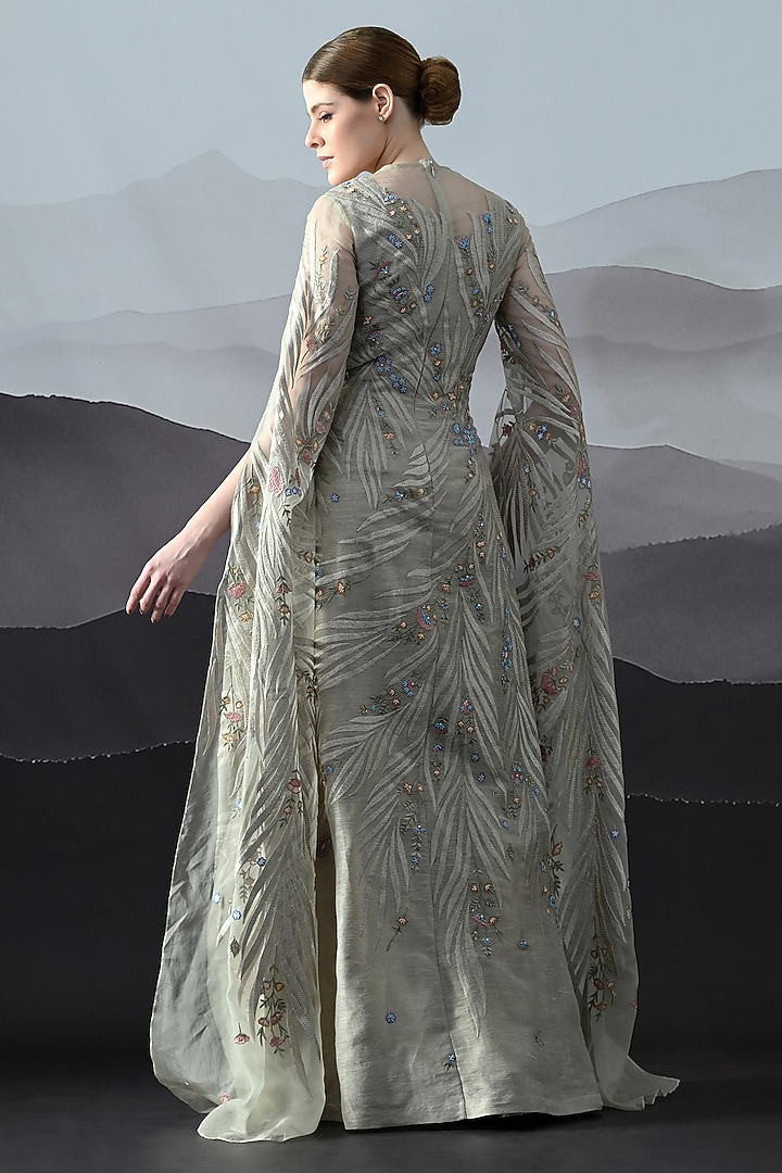 Grey Linen Floral Hand Embroidered Wedding Gown by Samant Chauhan at Pernia's Pop Up Shop
