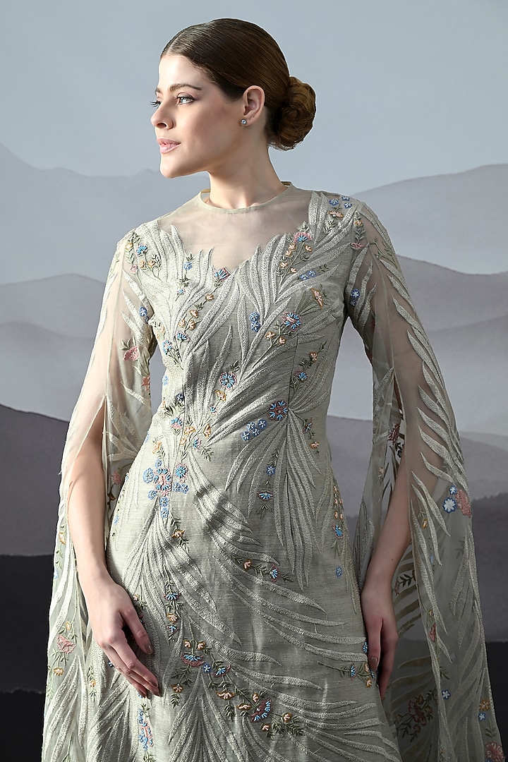 Grey Linen Floral Hand Embroidered Wedding Gown by Samant Chauhan at Pernia's Pop Up Shop