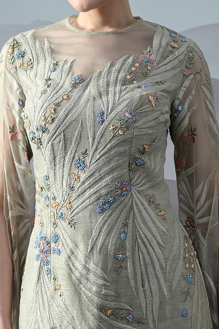 Grey Linen Floral Hand Embroidered Wedding Gown by Samant Chauhan at Pernia's Pop Up Shop