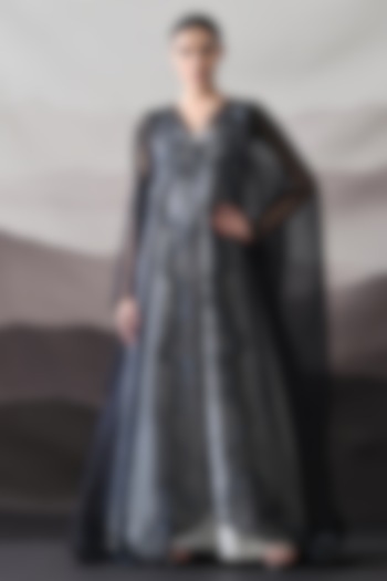 Black Organza Embroidered Layered Kaftan by Samant Chauhan at Pernia's Pop Up Shop