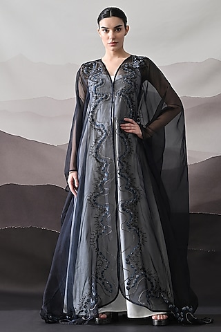 Black Organza Embroidered Layered Kaftan by Samant Chauhan