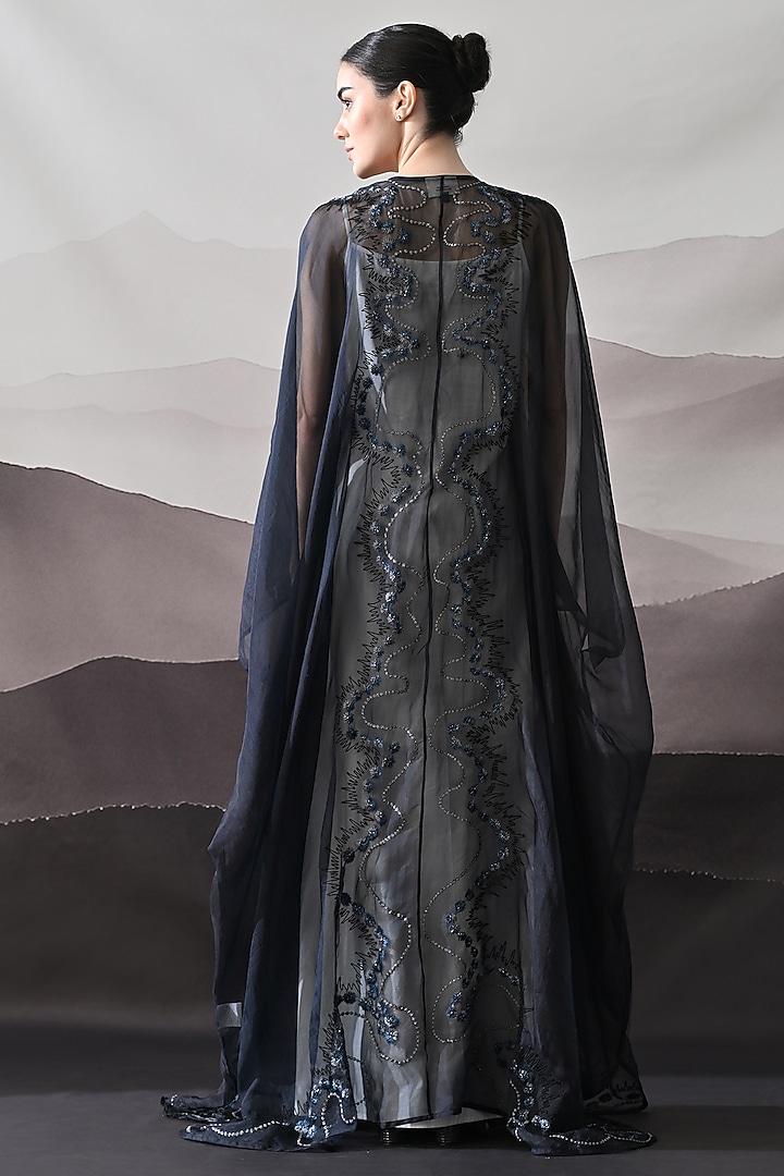 Black Organza Embroidered Layered Kaftan by Samant Chauhan at Pernia's Pop Up Shop
