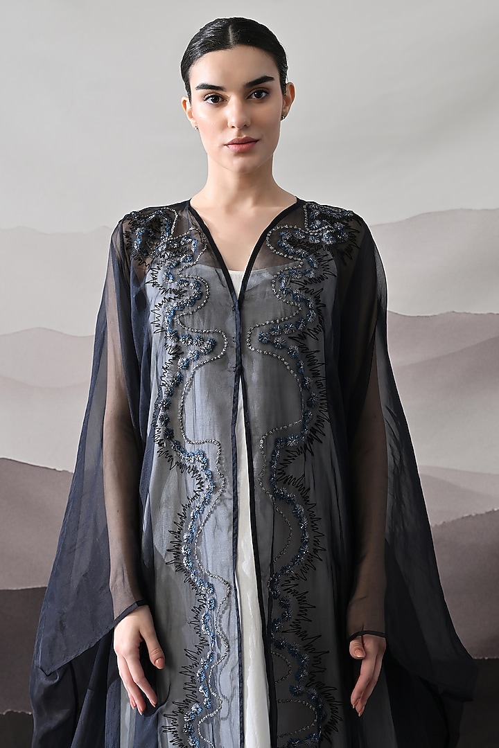 Black Organza Embroidered Layered Kaftan by Samant Chauhan at Pernia's Pop Up Shop
