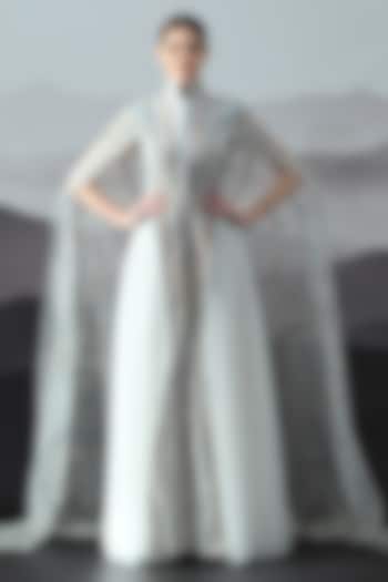 Ivory Organza & Cotton Silk Embroidered Pleated Wedding Gown by Samant Chauhan at Pernia's Pop Up Shop