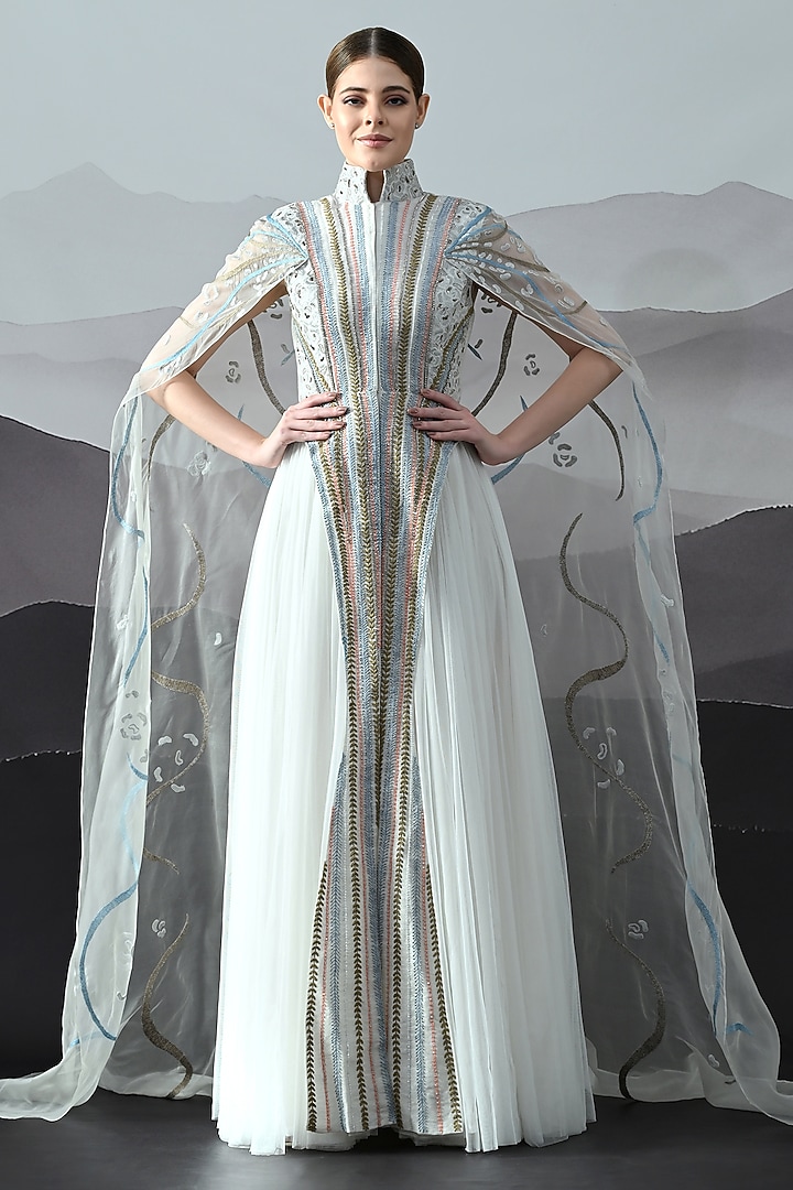 Ivory Organza & Cotton Silk Embroidered Pleated Wedding Gown by Samant Chauhan at Pernia's Pop Up Shop