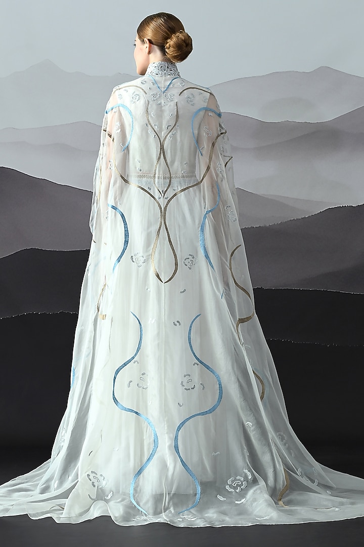 Ivory Organza & Cotton Silk Embroidered Pleated Wedding Gown by Samant Chauhan at Pernia's Pop Up Shop
