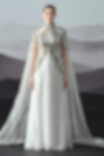 Ivory Organza Floral Embroidered Layered Wedding Gown by Samant Chauhan at Pernia's Pop Up Shop