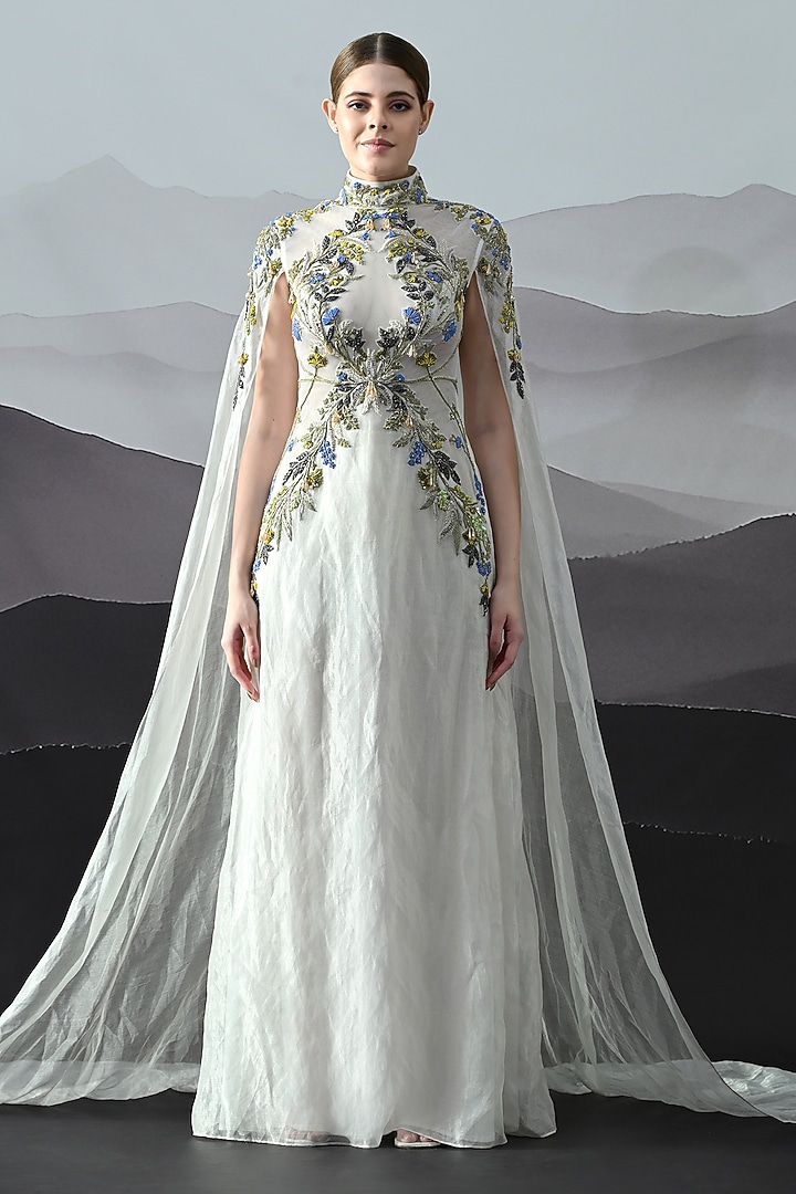 Ivory Organza Floral Embroidered Layered Wedding Gown by Samant Chauhan at Pernia's Pop Up Shop
