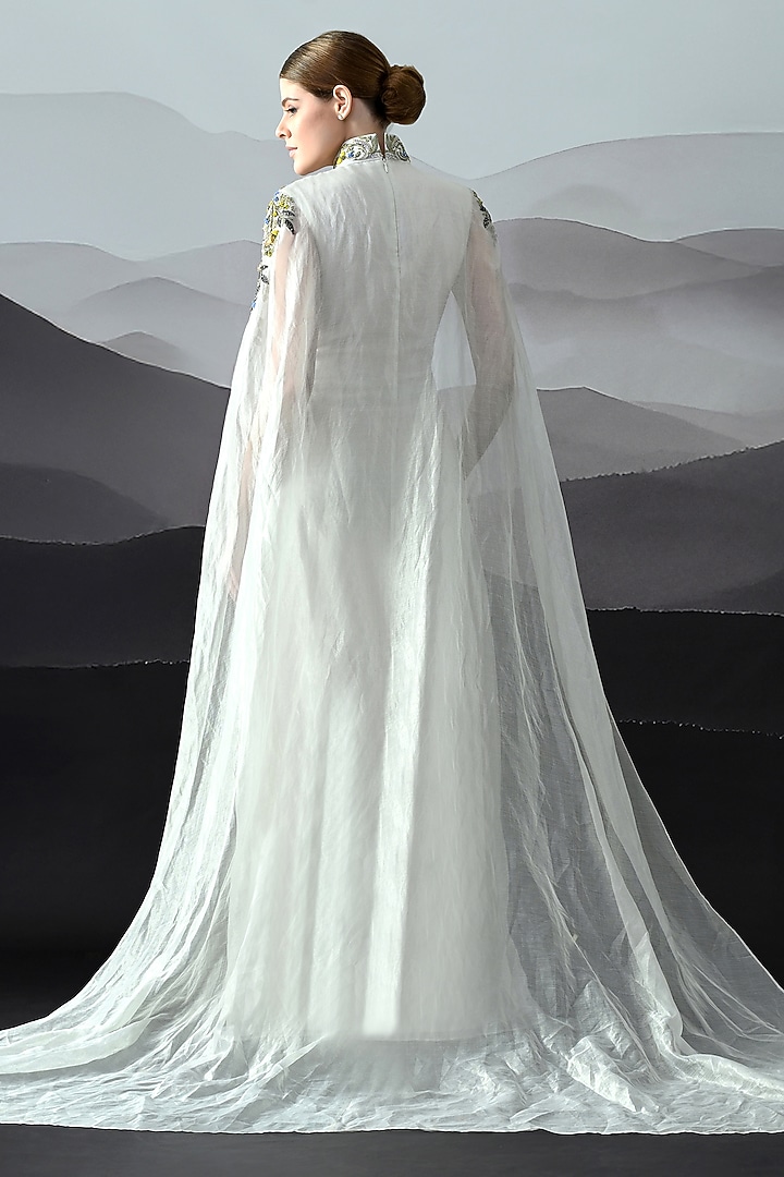 Ivory Organza Floral Embroidered Layered Wedding Gown by Samant Chauhan at Pernia's Pop Up Shop