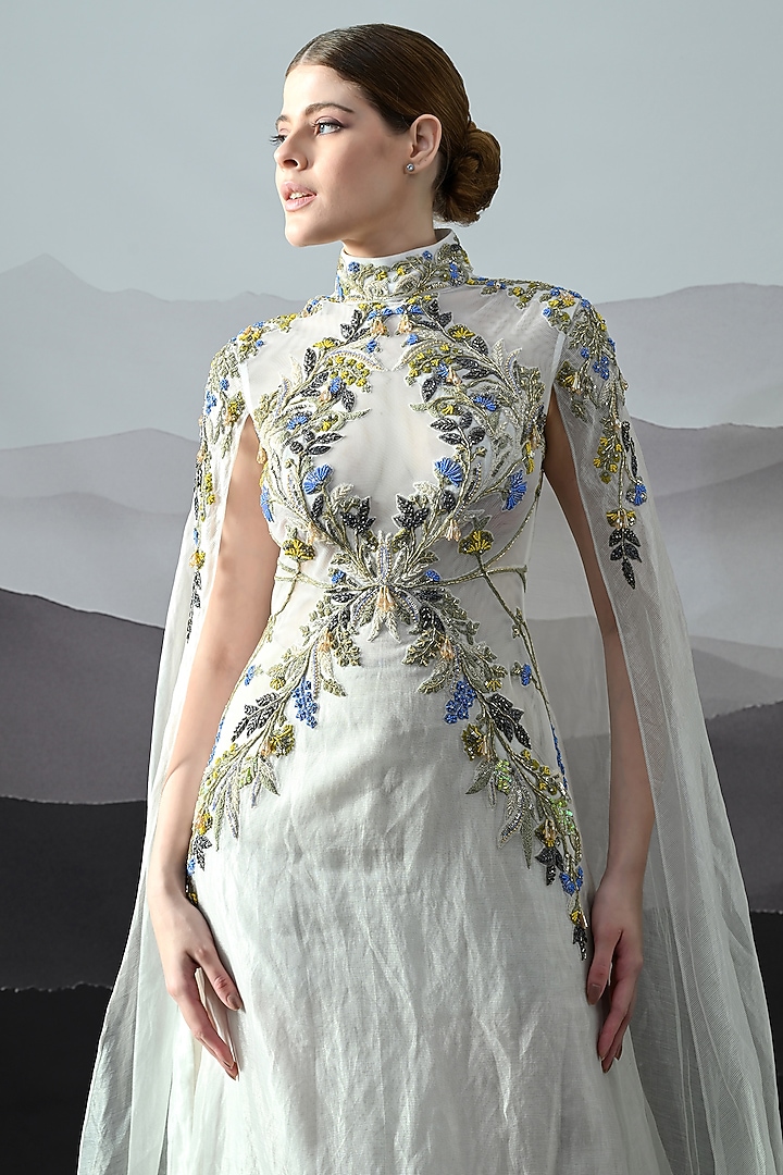 Ivory Organza Floral Embroidered Layered Wedding Gown by Samant Chauhan at Pernia's Pop Up Shop
