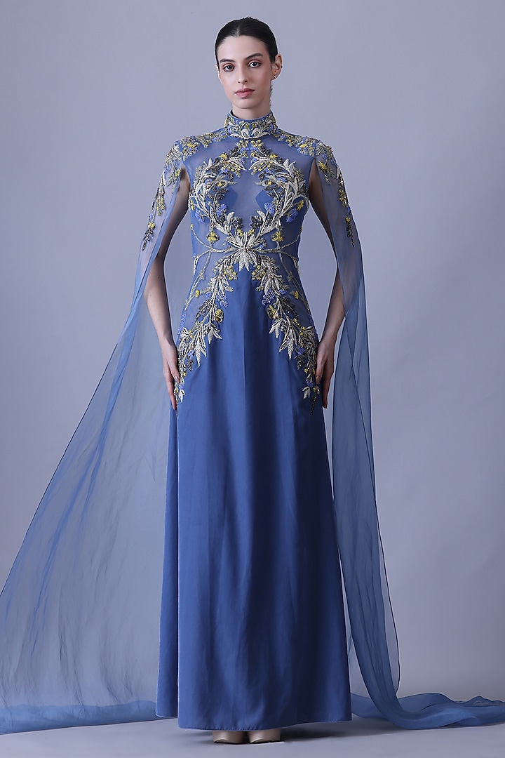 Blue Organza Floral Embroidered Layered Wedding Gown by Samant Chauhan at Pernia's Pop Up Shop