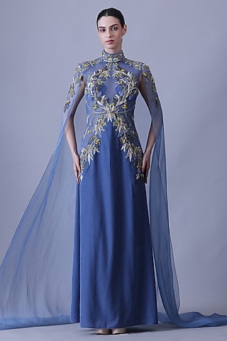 Blue Organza Floral Embroidered Layered Gown by Samant Chauhan