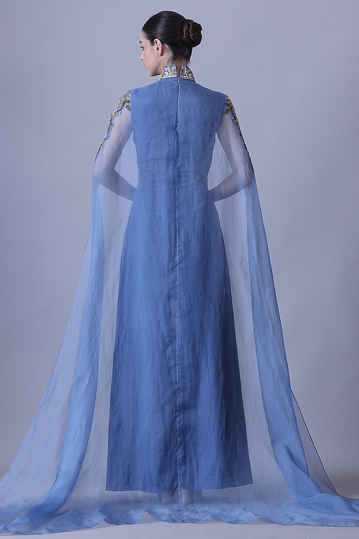 Blue Organza Floral Embroidered Layered Wedding Gown by Samant Chauhan at Pernia's Pop Up Shop