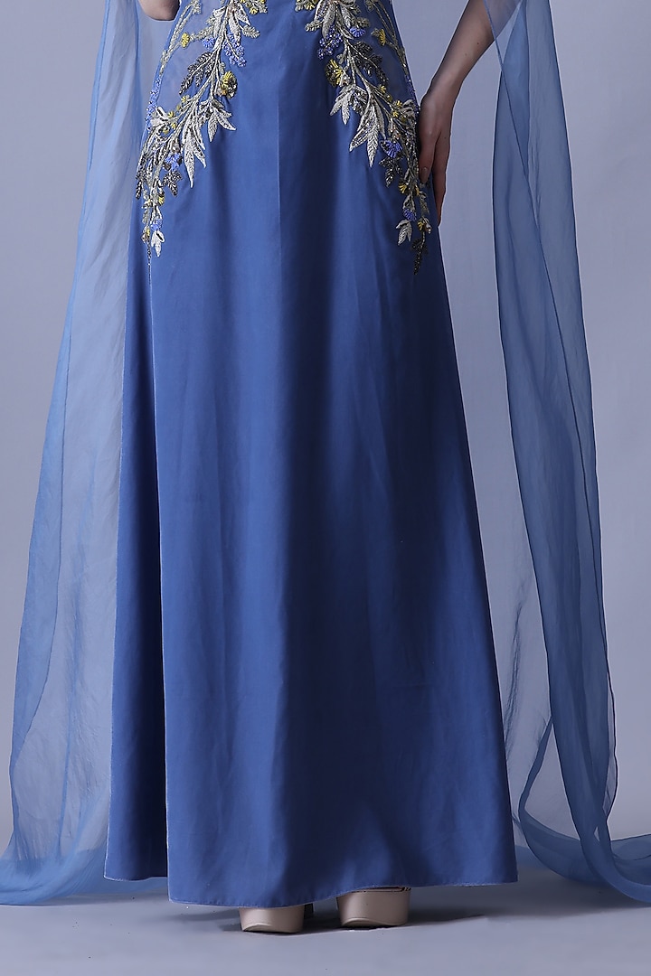 Blue Organza Floral Embroidered Layered Wedding Gown by Samant Chauhan at Pernia's Pop Up Shop