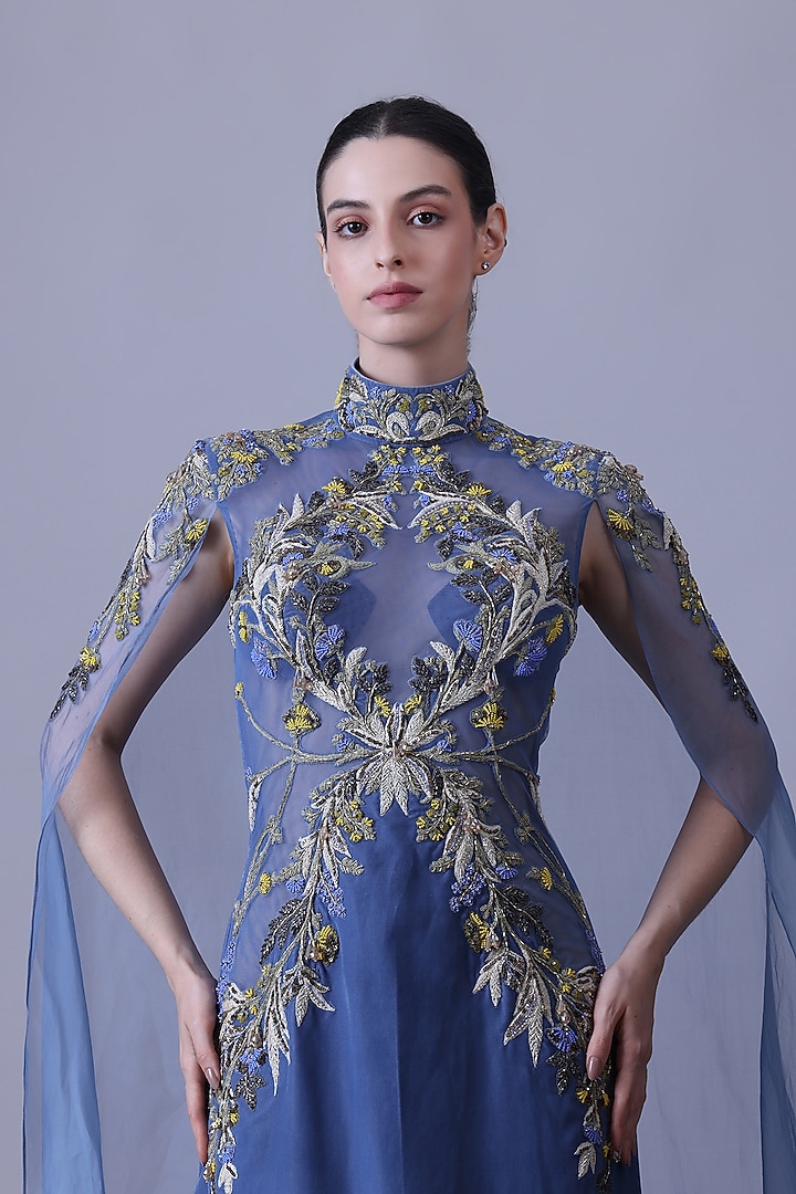Blue Organza Floral Embroidered Layered Wedding Gown by Samant Chauhan at Pernia's Pop Up Shop