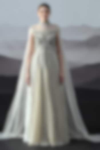 Ivory Organza Embroidered Structured Wedding Gown by Samant Chauhan at Pernia's Pop Up Shop