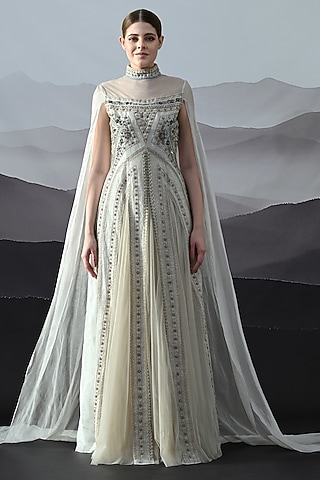 Ivory Organza Embroidered Structured Gown by Samant Chauhan