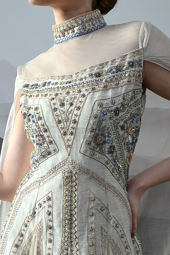 Ivory Organza Embroidered Structured Wedding Gown by Samant Chauhan at Pernia's Pop Up Shop