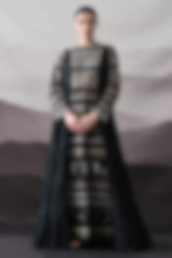 Black Linen & Cotton Silk Embroidered Draped Wedding Gown by Samant Chauhan at Pernia's Pop Up Shop