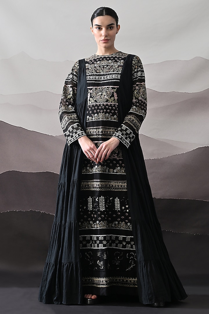 Black Linen & Cotton Silk Embroidered Draped Wedding Gown by Samant Chauhan at Pernia's Pop Up Shop