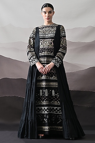 Black Linen & Cotton Silk Embroidered Draped Gown by Samant Chauhan