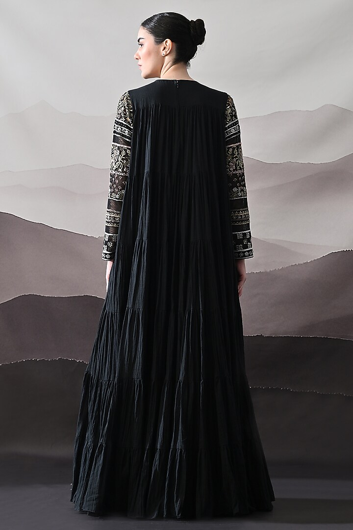 Black Linen & Cotton Silk Embroidered Draped Wedding Gown by Samant Chauhan at Pernia's Pop Up Shop