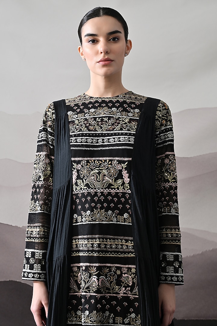 Black Linen & Cotton Silk Embroidered Draped Wedding Gown by Samant Chauhan at Pernia's Pop Up Shop