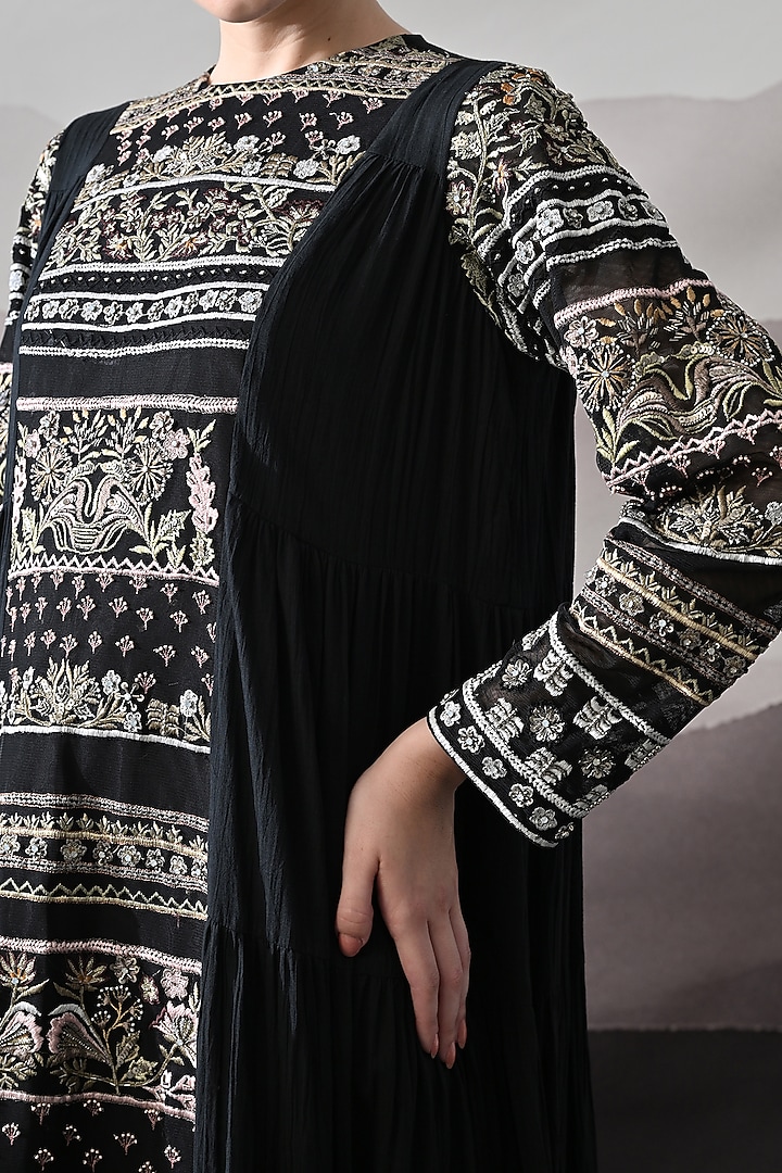 Black Linen & Cotton Silk Embroidered Draped Wedding Gown by Samant Chauhan at Pernia's Pop Up Shop