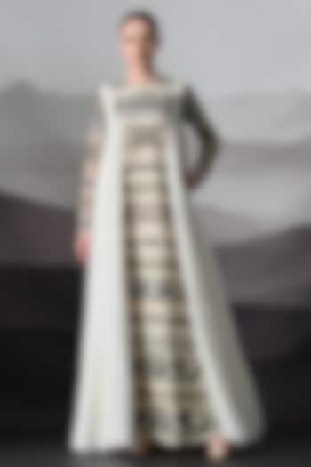 Ivory Linen & Cotton Silk Embroidered Draped Wedding Gown by Samant Chauhan at Pernia's Pop Up Shop