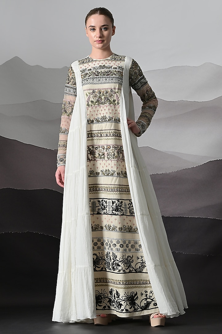 Ivory Linen & Cotton Silk Embroidered Draped Wedding Gown by Samant Chauhan at Pernia's Pop Up Shop