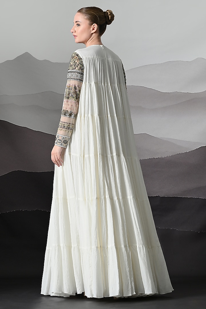 Ivory Linen & Cotton Silk Embroidered Draped Wedding Gown by Samant Chauhan at Pernia's Pop Up Shop