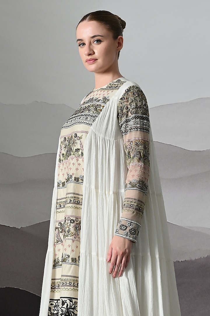Ivory Linen & Cotton Silk Embroidered Draped Wedding Gown by Samant Chauhan at Pernia's Pop Up Shop