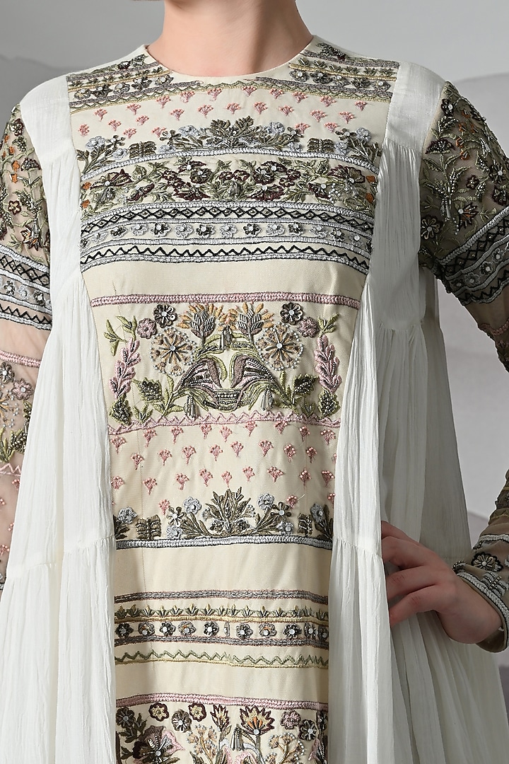 Ivory Linen & Cotton Silk Embroidered Draped Wedding Gown by Samant Chauhan at Pernia's Pop Up Shop