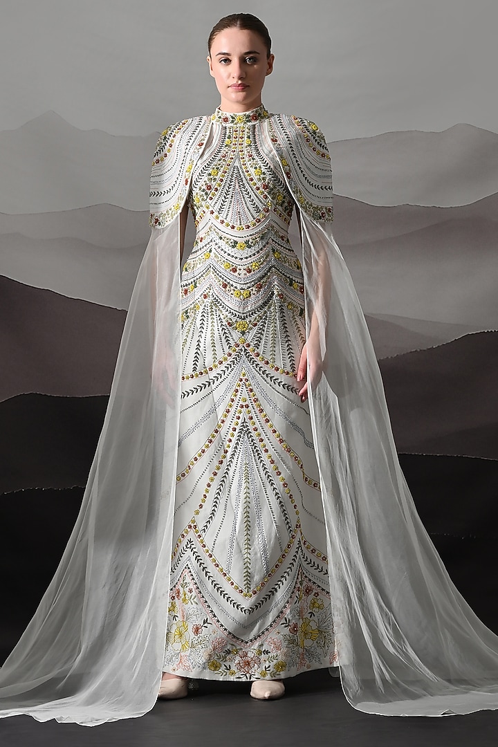 Ivory Cotton Silk & Organza Hand Embroidered Wedding Gown by Samant Chauhan at Pernia's Pop Up Shop