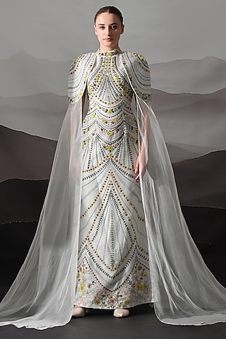 Ivory Cotton Silk & Organza Hand Embroidered Gown by Samant Chauhan