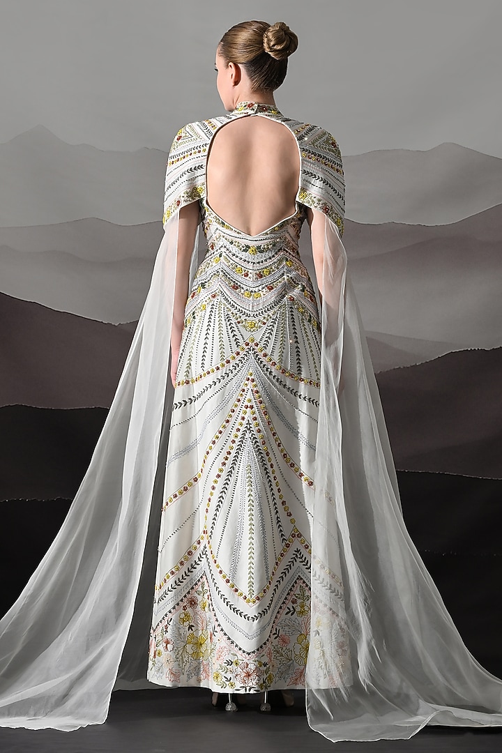 Ivory Cotton Silk & Organza Hand Embroidered Wedding Gown by Samant Chauhan at Pernia's Pop Up Shop