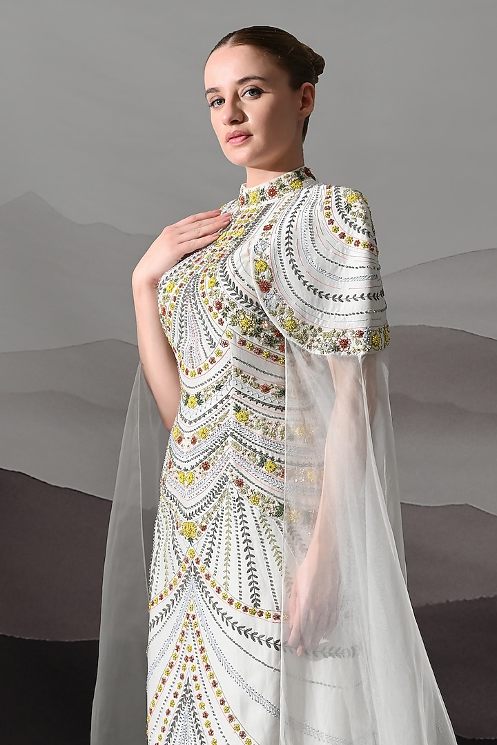 Ivory Cotton Silk & Organza Hand Embroidered Wedding Gown by Samant Chauhan at Pernia's Pop Up Shop