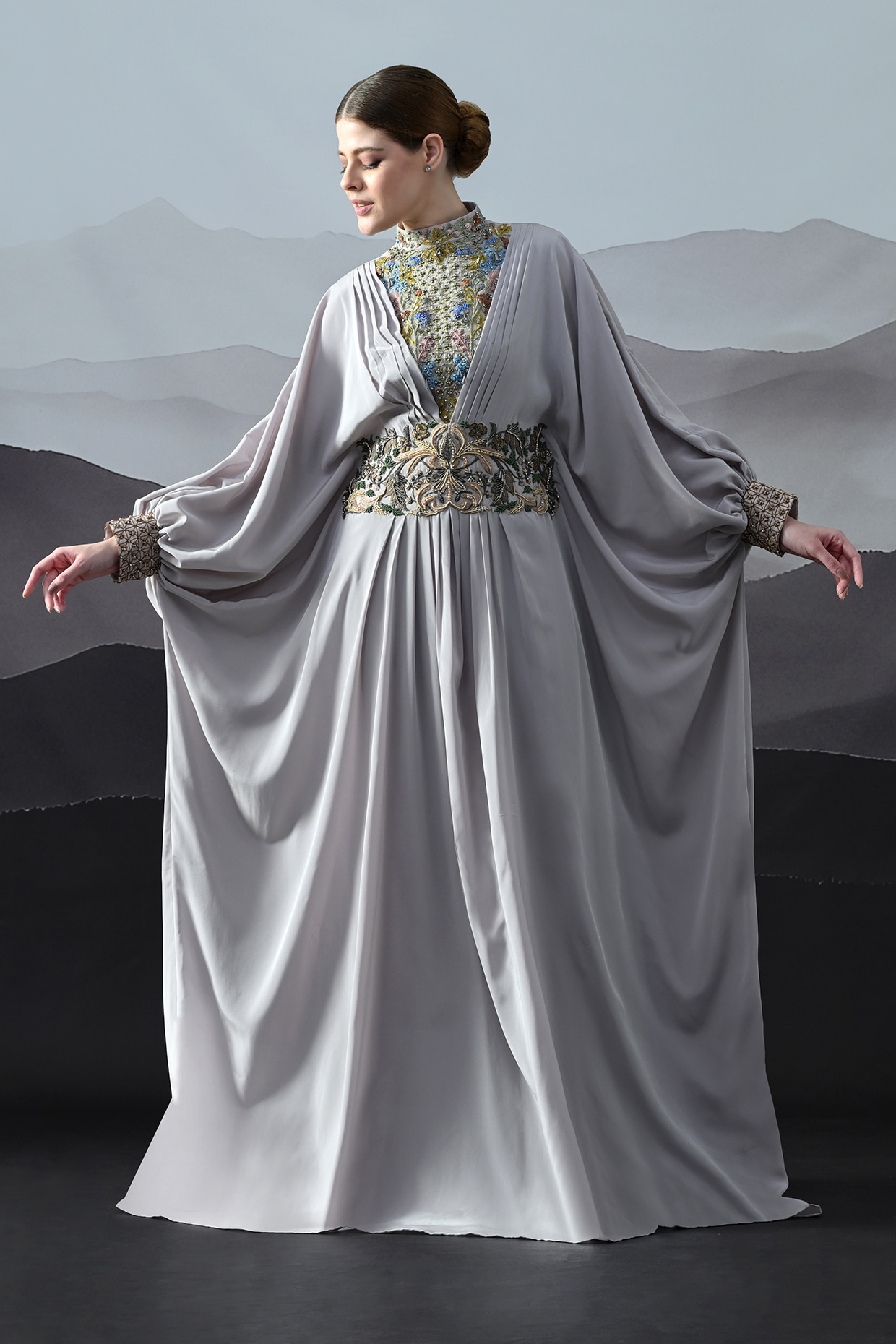 Samant Chauhan Grey Crepe Hand Embroidered Draped Kaftan