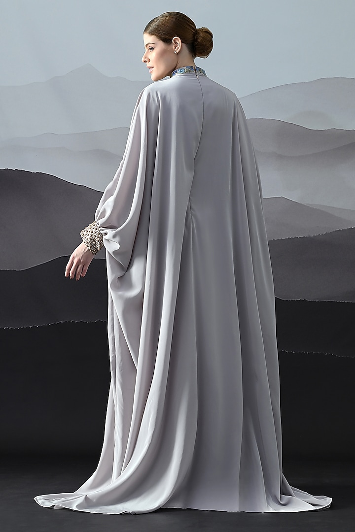Grey Crepe Hand Embroidered Draped Kaftan by Samant Chauhan at Pernia's Pop Up Shop