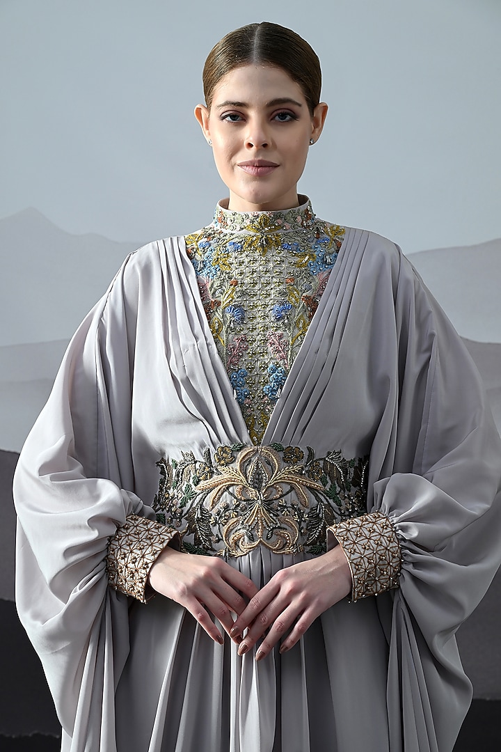 Grey Crepe Hand Embroidered Draped Kaftan by Samant Chauhan at Pernia's Pop Up Shop