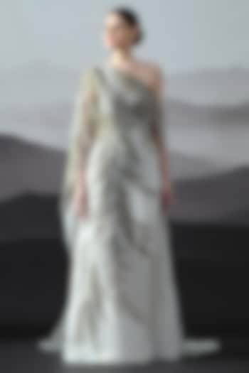 Ivory Organza Hand Embroidered One-Shoulder Wedding Gown by Samant Chauhan at Pernia's Pop Up Shop
