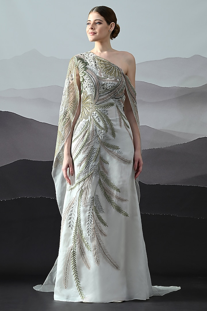 Ivory Organza Hand Embroidered One-Shoulder Wedding Gown by Samant Chauhan at Pernia's Pop Up Shop