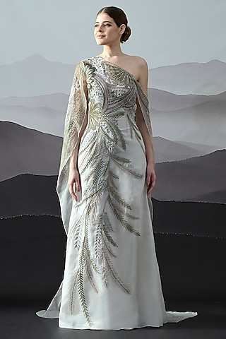 Ivory Organza Hand Embroidered One-Shoulder Gown by Samant Chauhan