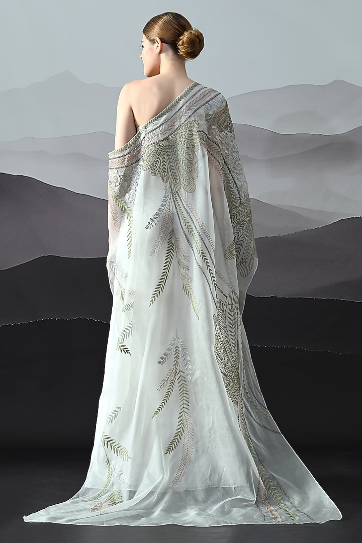 Ivory Organza Hand Embroidered One-Shoulder Wedding Gown by Samant Chauhan at Pernia's Pop Up Shop
